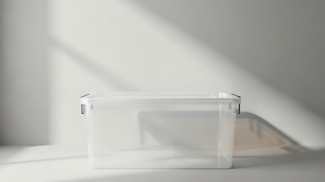 Clear plastic storage container with lid on a white surface with