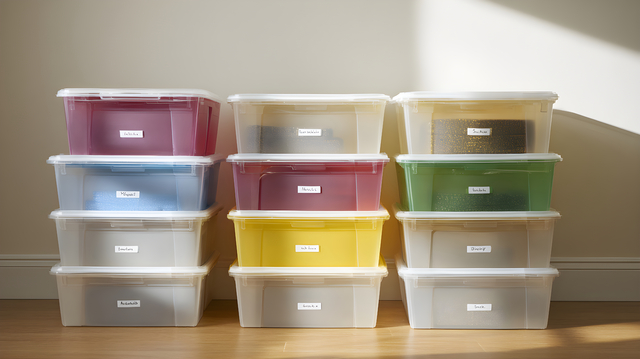 Colorful storage bins stacked neatly in a bright room with natural light illuminating the scene