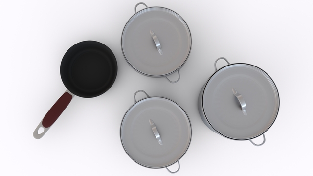 frying pan and pots with white background