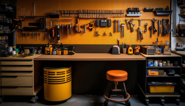 Inside the modern workshop, a collection of woodworking equipment and tools generated by AI