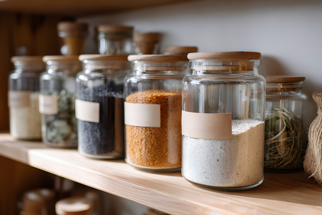 Jars of grains and legumes on wooden shelves. Generative AI