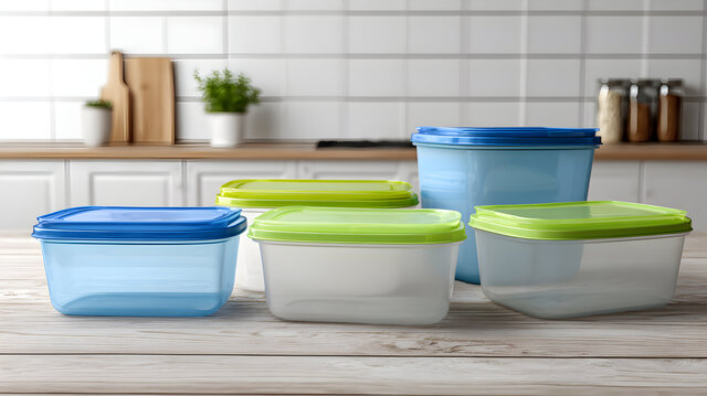 Kitchen storage containers arranged on a wooden surface in a bright kitchen setting with tile backdrop