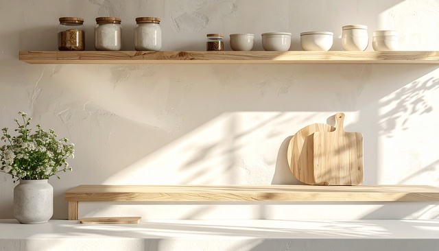 A serene kitchen scene bathed in natural light. Wooden shelves display jars, bowls, and cutting boards. A vase of flowers adds a touch of freshness. The textured white wall and shadows create a calming atmosphere.