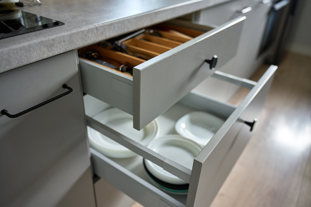 Modern kitchen cabinets with dishes and cutlery in open drawers