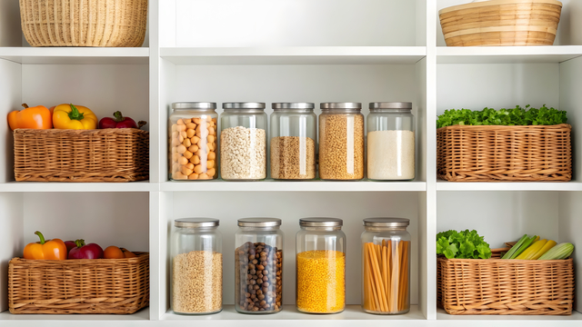 Organized kitchen pantry with jars and baskets showcasing fresh produce and dry goods