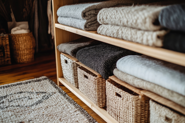Shelved wooden storage has stacked folded blankets and wicker baskets for organizing home essentials