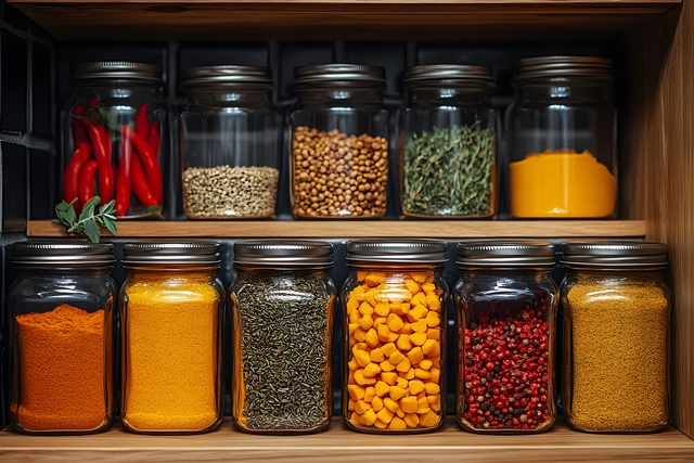 Vibrant spices and herbs neatly stored in glass jars on a wooden shelf. varied textures and colors create a visually appealing and organized kitchen space, emphasizing storage, cooking, and culinary arts.