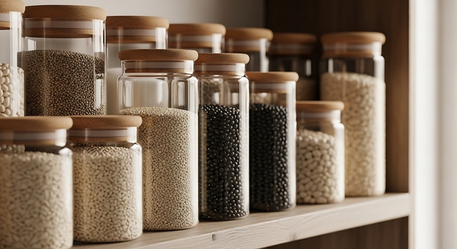 various grains and beans stored in pantry