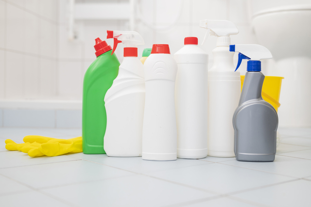 washing disinfectants for cleaning in bottles in the bathroom