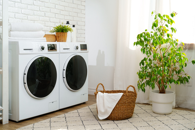 White Washing Machines in Modern Laundry Room