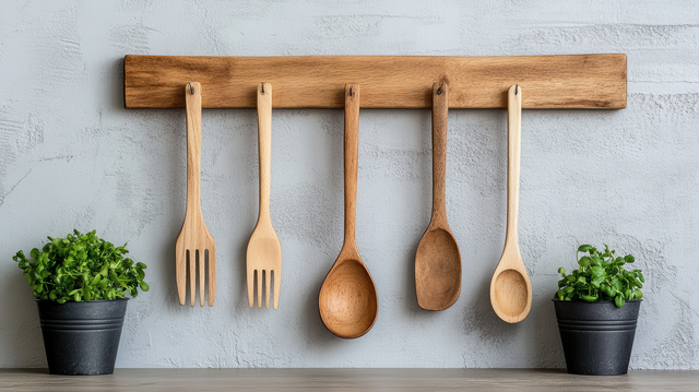 Wooden utensils hanging on wall with potted plants below create cozy kitchen atmosphere
