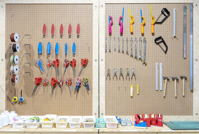 Workshop scene. Tools on the table and board.