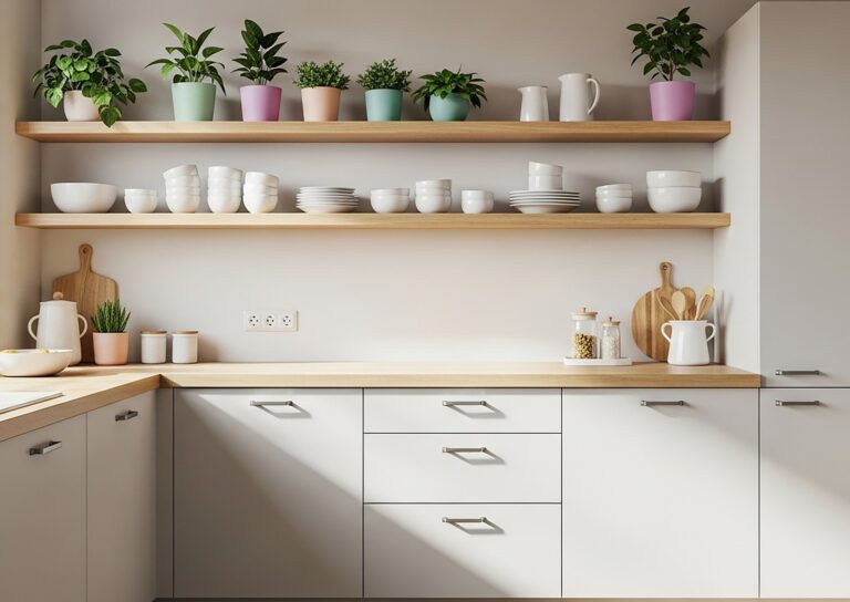 Modern Kitchen Interior with Plants and Shelves.