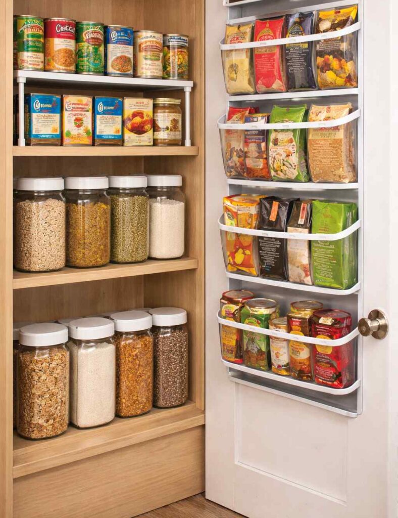 narrow pantry organization using shelf risers and over door storage solutions