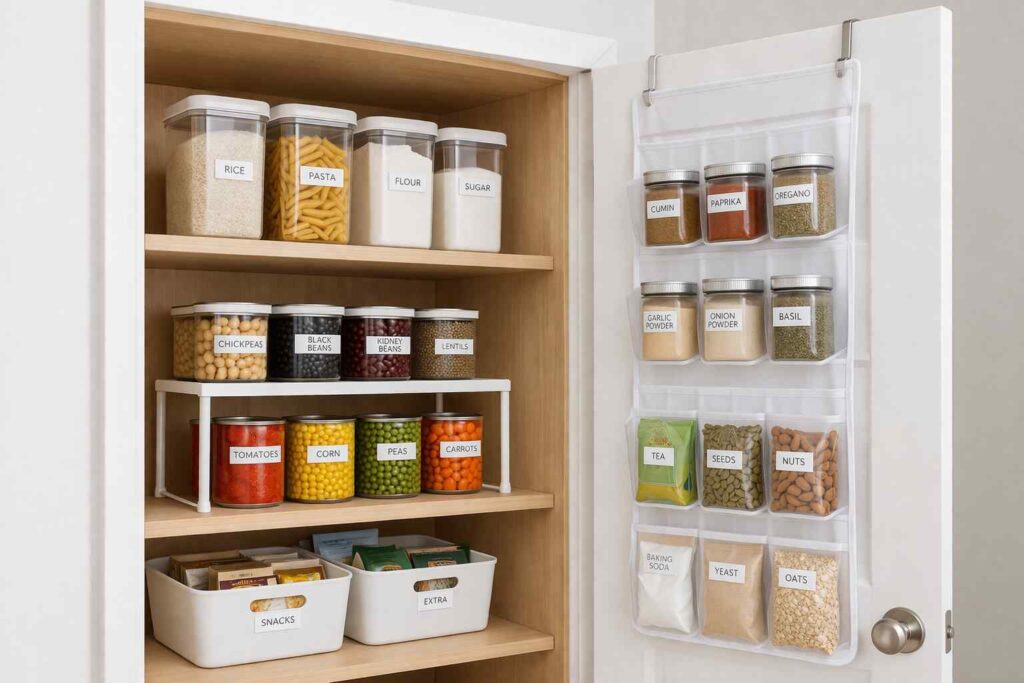 vertical pantry storage ideas for narrow spaces with shelf risers and door organizer